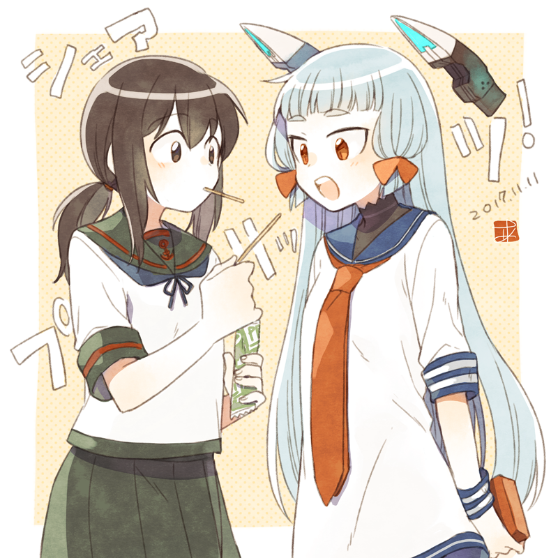 2girls ark_kan artist_logo black_eyes black_hair black_sailor_collar black_skirt blue_neckwear border cowboy_shot dated dress feeding food fubuki_(kantai_collection) hair_ribbon headgear kantai_collection long_hair low_ponytail multicolored multicolored_background multiple_girls murakumo_(kantai_collection) neckerchief necktie open_mouth orange_background orange_eyes pleated_skirt pocky pocky_day polka_dot polka_dot_background ponytail red_neckwear remodel_(kantai_collection) ribbon sailor_collar sailor_dress school_uniform serafuku short_eyebrows short_ponytail sidelocks silver_hair skirt tress_ribbon white_border