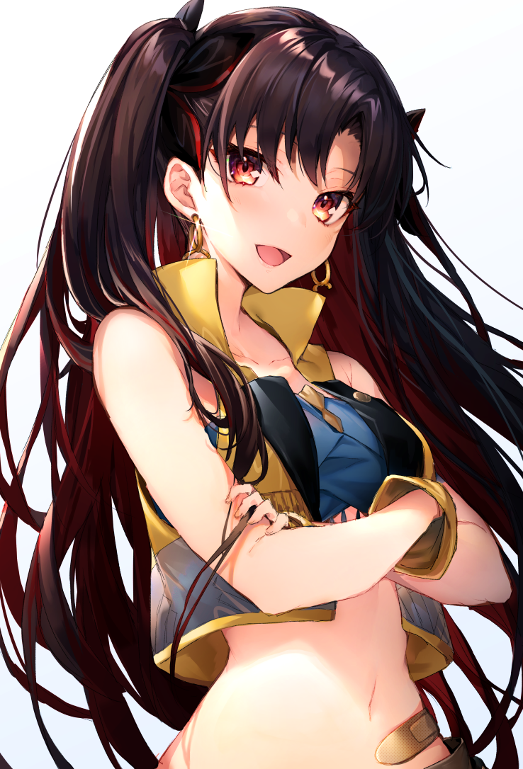 1girl :d bandaid bangs bare_shoulders black_hair breasts collarbone crop_top cropped_vest crossed_arms earrings fate/grand_order fate_(series) fingerless_gloves glint gloves hair_ornament hakuishi_aoi hoop_earrings ishtar_(fate/grand_order) jewelry long_hair looking_at_viewer midriff multicolored_hair navel open_mouth parted_bangs red_eyes redhead simple_background small_breasts smile solo space_ishtar_(fate) two-tone_hair two_side_up upper_body very_long_hair white_background