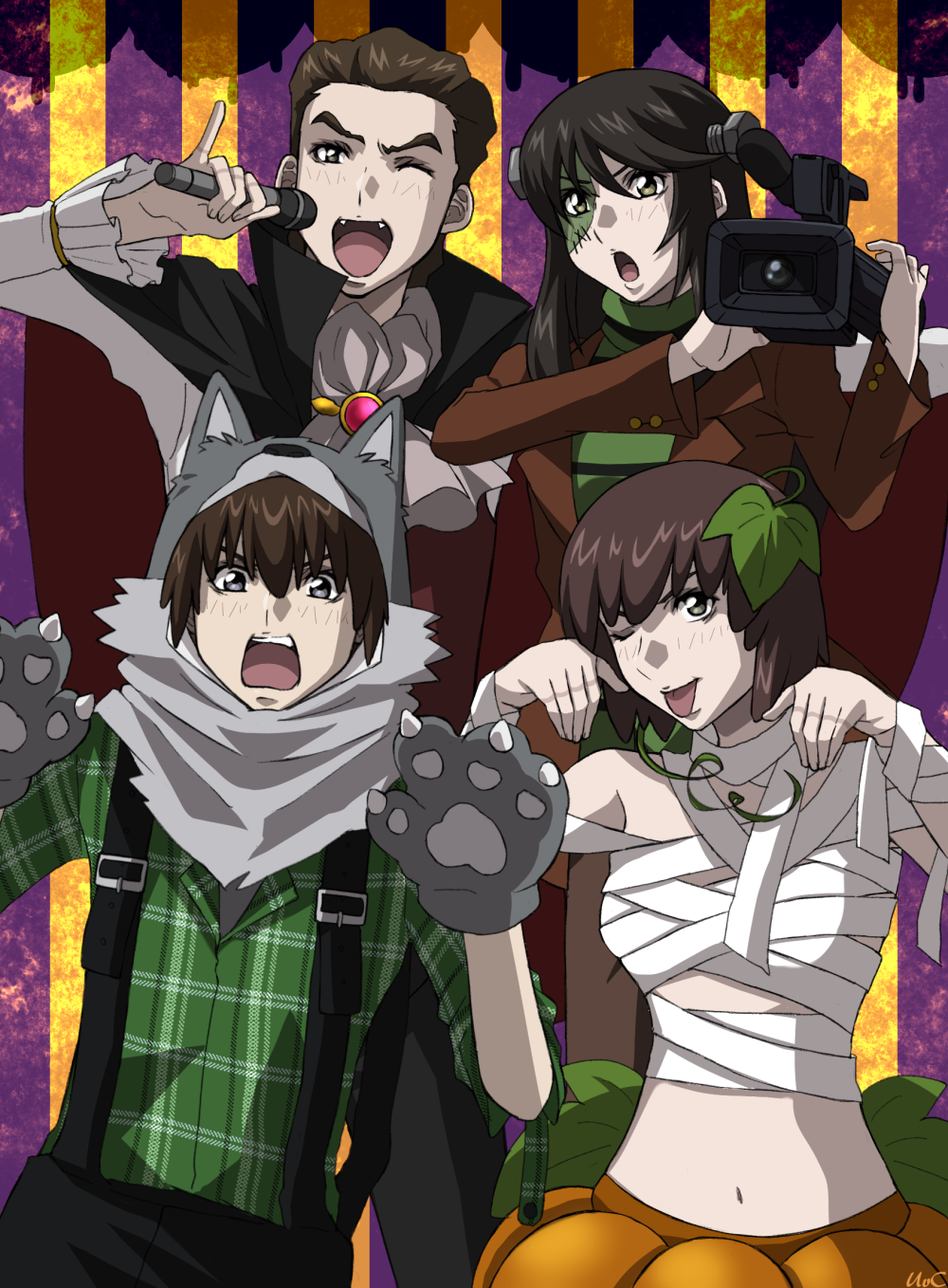 2boys 2girls :o ;d animal_costume bandages bangs black_hair bolt breasts brother_and_sister brown_hair camcorder cape cosplay douma_hiroto fangs finger_marks frankenstein's_monster frankenstein's_monster_(cosplay) frilled_sleeves frills gloves halloween halloween_costume high_collar highres long_hair long_sleeves medium_breasts microphone multiple_boys multiple_girls mummy_costume nishio_akira nishio_rina one_eye_closed open_mouth paw_gloves paws pinky_out pumpkin_skirt shiny shiny_hair short_hair siblings signature smile soukyuu_no_fafner stitches tatekami_seri twins uc_(8rk3) wolf_costume