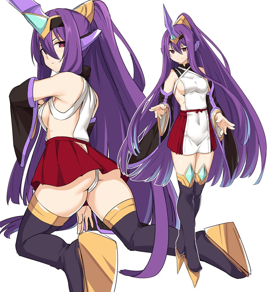 1girl ass bare_shoulders black_legwear blazblue boots breasts butt_crack commentary_request detached_sleeves hair_between_eyes kneeling long_hair looking_at_viewer medium_breasts multiple_views panties ponytail purple_hair red_eyes red_skirt shiseki_hirame simple_background skirt smile thigh-highs thigh_boots underwear very_long_hair white_background white_panties