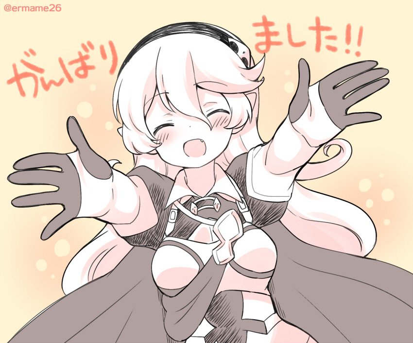 1girl armor cape closed_eyes corrin_(fire_emblem) corrin_(fire_emblem)_(female) eromame fang fire_emblem fire_emblem_fates hairband long_hair monochrome open_mouth outstretched_arms pointy_ears simple_background solo twitter_username upper_body