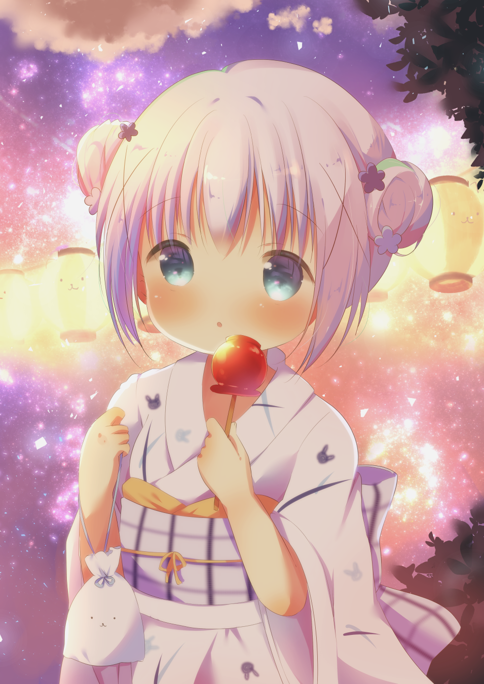 1girl :o animal_print bangs blue_eyes blue_hair blush bunny_print candy_apple commentary_request double_bun eyebrows_visible_through_hair food gochuumon_wa_usagi_desu_ka? hair_between_eyes hair_ornament hands_up highres holding holding_food japanese_clothes kafuu_chino kimono lantern long_sleeves looking_at_viewer night night_sky obi outdoors paper_lantern parted_lips rin_(fuwarin) sash short_hair sidelocks sky solo star_(sky) starry_sky upper_body white_kimono wide_sleeves x_hair_ornament yukata