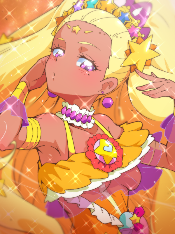 1girl amamiya_erena blonde_hair choker cure_soleil earrings expressionless hair_ornament jewelry long_hair looking_at_viewer magical_girl mole mole_under_eye orange_background precure solo sparkle star star_hair_ornament star_twinkle_precure tan tiara tj-type1 upper_body violet_eyes