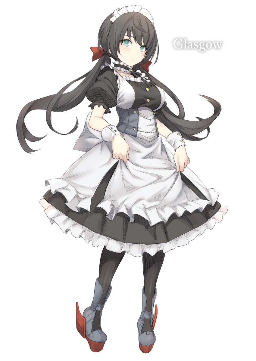 1girl angelo_(gomahangetsu) apron azur_lane bangs black_dress black_hair black_legwear blue_eyes blush breasts character_name closed_mouth commentary_request dress dress_lift floating_hair frilled_apron frills full_body glasgow_(azur_lane) hair_between_eyes highres large_breasts long_hair looking_at_viewer maid maid_apron maid_headdress puffy_short_sleeves puffy_sleeves rudder_footwear short_sleeves solo standing twintails very_long_hair waist_apron white_apron wrist_cuffs