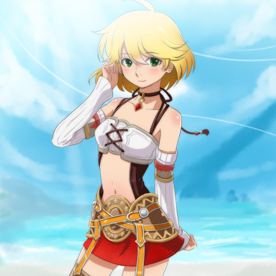 1girl blonde_hair breasts closed_mouth commentary_request fiorun green_eyes looking_at_viewer short_hair smile solo xenoblade_(series) yazwo
