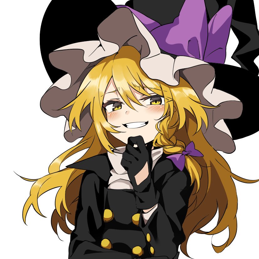 1girl bangs black_gloves black_headwear blonde_hair blush bow braid buttons eyebrows_visible_through_hair gloves grin hair_bow hat hat_bow kirisame_marisa long_hair long_sleeves manarou simple_background single_braid smile smug solo touhou upper_body white_background witch_hat yellow_eyes