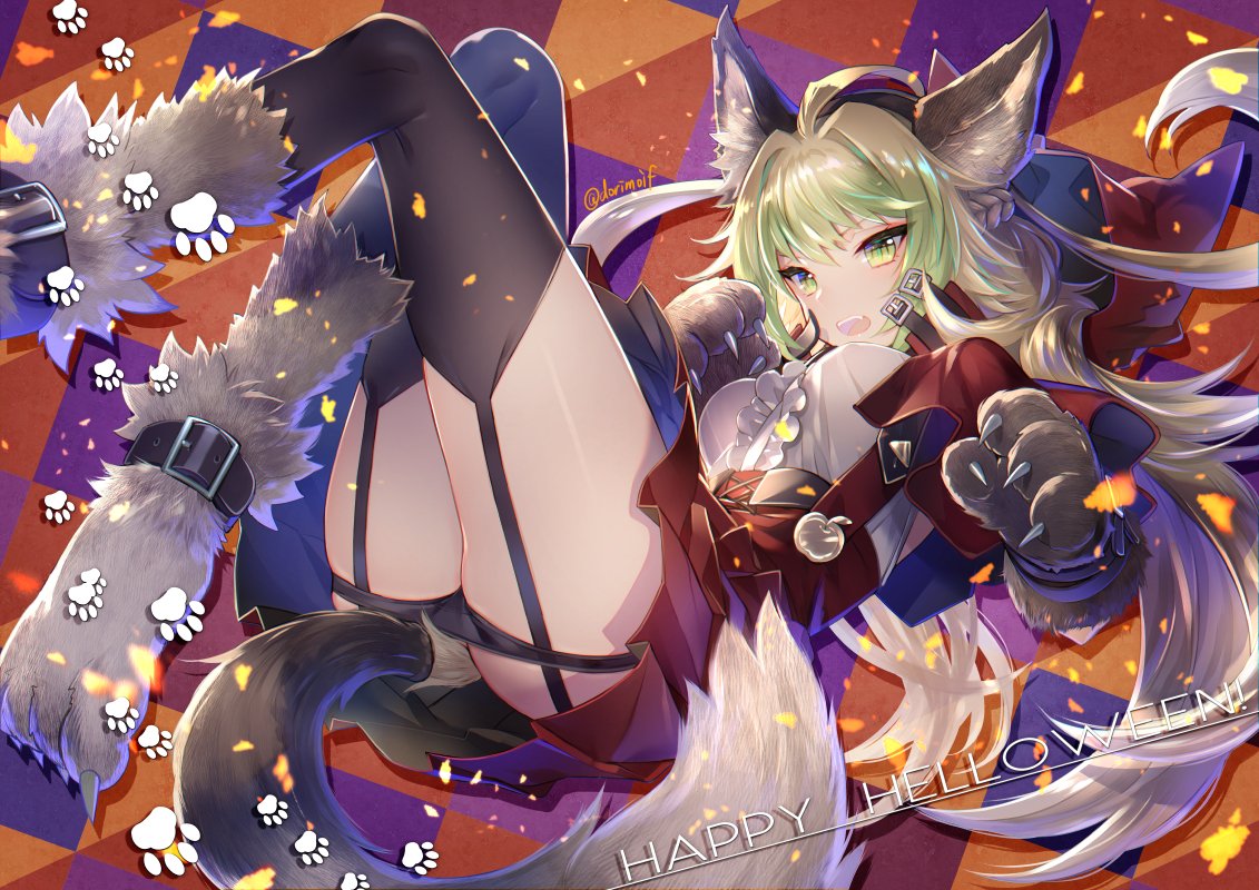 1girl ahoge animal_ears ass atalanta_(fate) fake_tail fate/apocrypha fate_(series) garters gloves gradient_hair green_eyes halloween_costume happy_halloween hood long_hair miyuki_ruria multicolored_hair paw_gloves paw_print paw_shoes paws shoes tail thigh-highs thighs