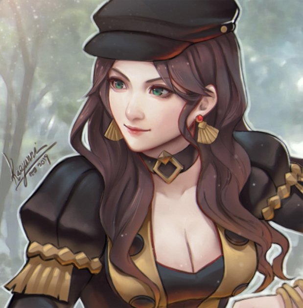1girl brown_hair cabbie_hat collar dorothea_arnault earrings fire_emblem fire_emblem:_three_houses green_eyes hat jewelry kaejunni long_hair signature smile solo