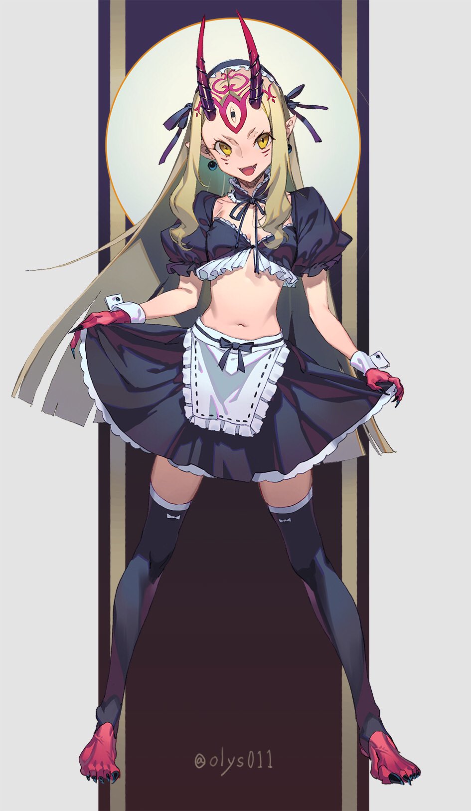 1boy :d alternate_costume apron barefoot black_legwear black_nails black_ribbon breasts collarbone commentary crop_top earrings enmaided facial_mark fangs fate/grand_order fate_(series) fingernails frills greyscale hair_ribbon highres ibaraki_douji_(fate/grand_order) jewelry legs_apart long_fingernails maid monochrome navel olys oni_horns open_mouth pointy_ears puffy_short_sleeves puffy_sleeves red_skin ribbon sharp_fingernails short_sleeves sidelocks skin_fangs skirt_hold small_breasts smile solo standing stirrup_legwear stomach thigh-highs toeless_legwear twitter_username waist_apron whisker_markings white_apron wrist_cuffs zettai_ryouiki