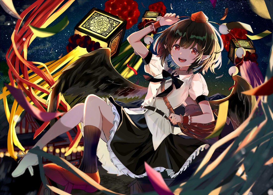 1girl :d arm_up bag bangs black_bow black_hair black_legwear black_neckwear black_skirt bow bowtie commentary_request eyebrows_visible_through_hair geta hair_between_eyes hat kneehighs looking_at_viewer miniskirt night night_sky open_mouth outdoors petticoat pointy_ears pom_pom_(clothes) puffy_short_sleeves puffy_sleeves red_eyes red_footwear satchel satoupote shameimaru_aya shirt short_hair short_sleeves skirt sky smile solo star_(sky) starry_sky tassel tengu-geta tokin_hat touhou white_shirt wrist_cuffs