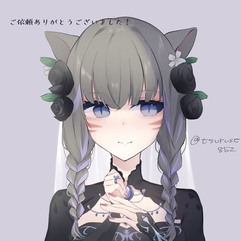 1girl animal_ears bangs black_dress black_flower black_rose blue_eyes blush braid cat_ears closed_mouth commentary_request dress eyebrows_visible_through_hair facial_mark final_fantasy final_fantasy_xiv fingernails flower grey_hair hair_between_eyes hair_flower hair_ornament hands_up jewelry long_hair long_sleeves looking_at_viewer miqo'te nail_polish purple_background red_nails ring rose simple_background sleeves_past_wrists slit_pupils smile solo translation_request tsuruse twin_braids twintails twitter_username upper_body veil white_flower