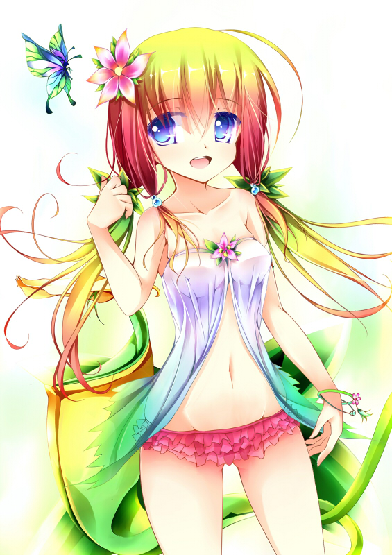 1girl :d ass_visible_through_thighs bangle bare_shoulders blonde_hair blue_eyes bracelet breasts duel_monster flower frilled_panties frills gradient_hair green_butterfly hair_flower hair_ornament hand_up jewelry kazura_the_mesmerizing_maneater kouusagi long_hair looking_at_viewer low_twintails multicolored_hair navel open_mouth panties pink_panties simple_background small_breasts smile solo standing twintails underwear white_background yuu-gi-ou