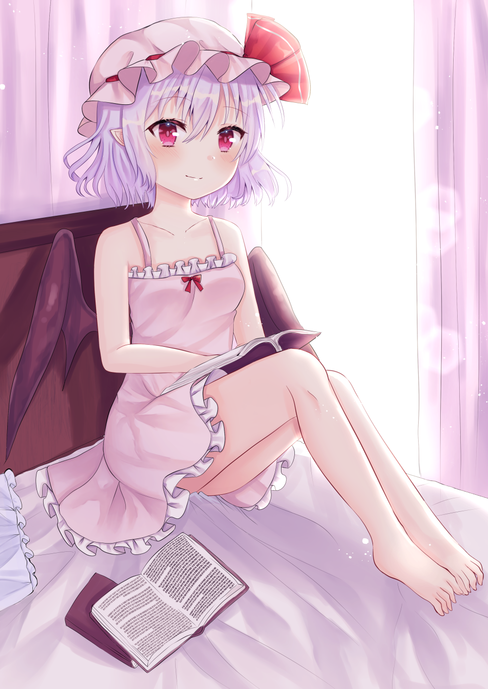 1girl alternate_costume bare_arms bare_legs barefoot bat_wings bed book breasts camisole commentary_request curtains day hat hat_ribbon headboard highres indoors lavender_hair light_blush looking_at_viewer mob_cap nibosisuzu on_bed open_book petticoat pillow pink_camisole pink_headwear pointy_ears red_eyes remilia_scarlet ribbon short_hair sitting small_breasts smile solo touhou window wings