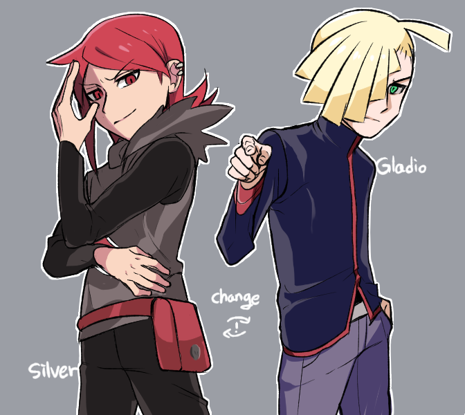 0_0box 2boys ahoge bangs belt_buckle black_pants black_shirt blonde_hair buckle character_name closed_mouth cosplay costume_switch fanny_pack gladion_(pokemon) gladion_(pokemon)_(cosplay) green_eyes grey_background grey_vest hair_over_one_eye hood hooded_vest hoodie jacket male_focus multiple_boys pants pointing pokemon pokemon_(game) pokemon_hgss pokemon_sm red_bag red_eyes redhead shirt short_hair silver_(pokemon) silver_(pokemon)_(cosplay) simple_background smile vest