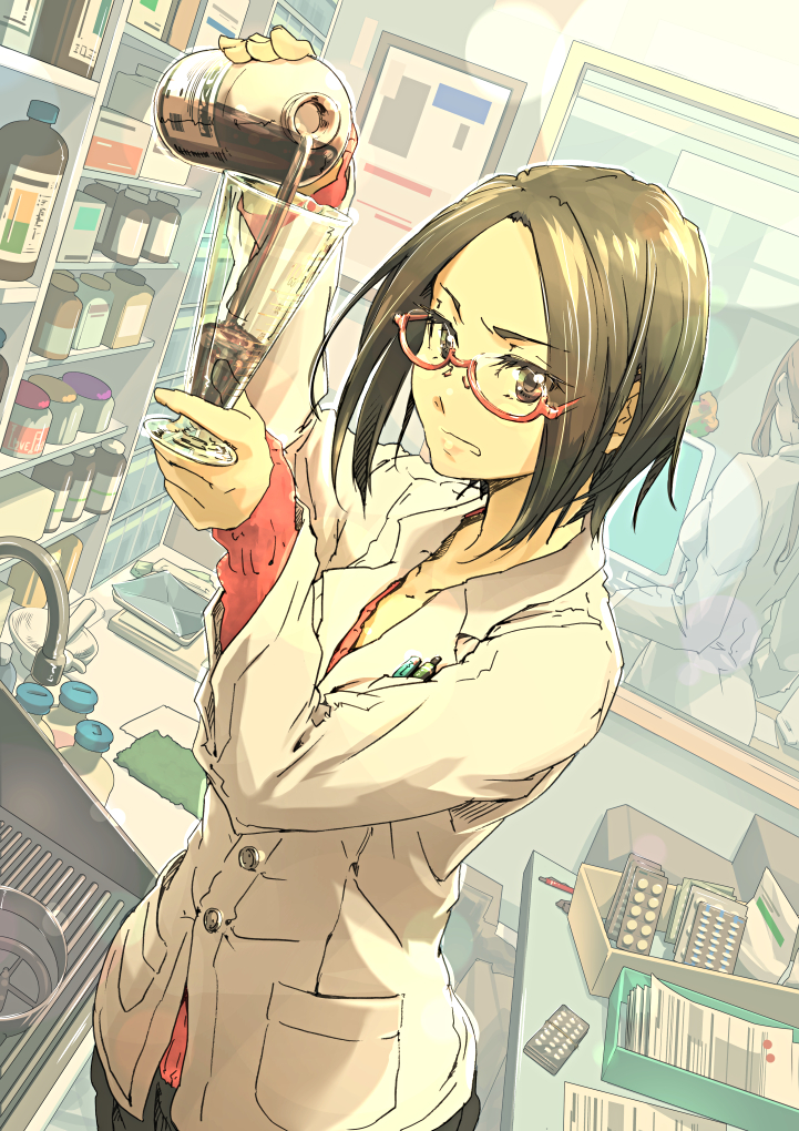 2girls bottle brown_hair glasses labcoat looking_at_viewer medium_hair mirror multiple_girls original paper pen pestle pill pocket red-framed_eyewear sink solo_focus standing supe_(yuusyasupepen) window