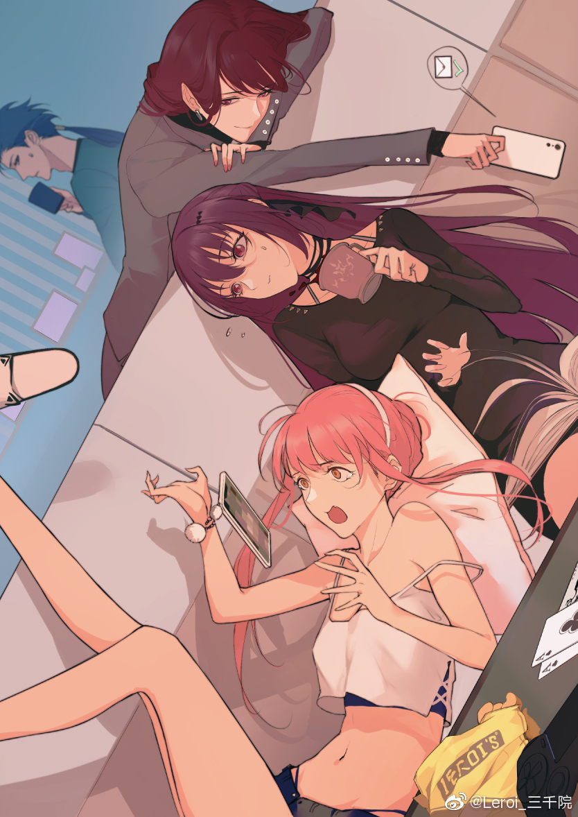 1boy 3girls black_dress blue_hair book braid camisole cellphone couch crop_top crown_braid cu_chulainn_(fate)_(all) dress dutch_angle earrings fang fate/grand_order fate_(series) flying_sweatdrops hair_bun hair_ornament hairband indoors jewelry lancer long_hair lying medb_(fate)_(all) medb_(fate/grand_order) midriff multiple_girls nail_polish navel on_back open_book open_mouth phone pink_hair purple_hair reroi scathach_(fate)_(all) scathach_(fate/grand_order) scathach_skadi_(fate/grand_order) short_hair_with_long_locks short_shorts shorts sidelocks skin_fang smartphone smile strap_slip string_panties surprised sweatdrop tears violet_eyes weibo_username