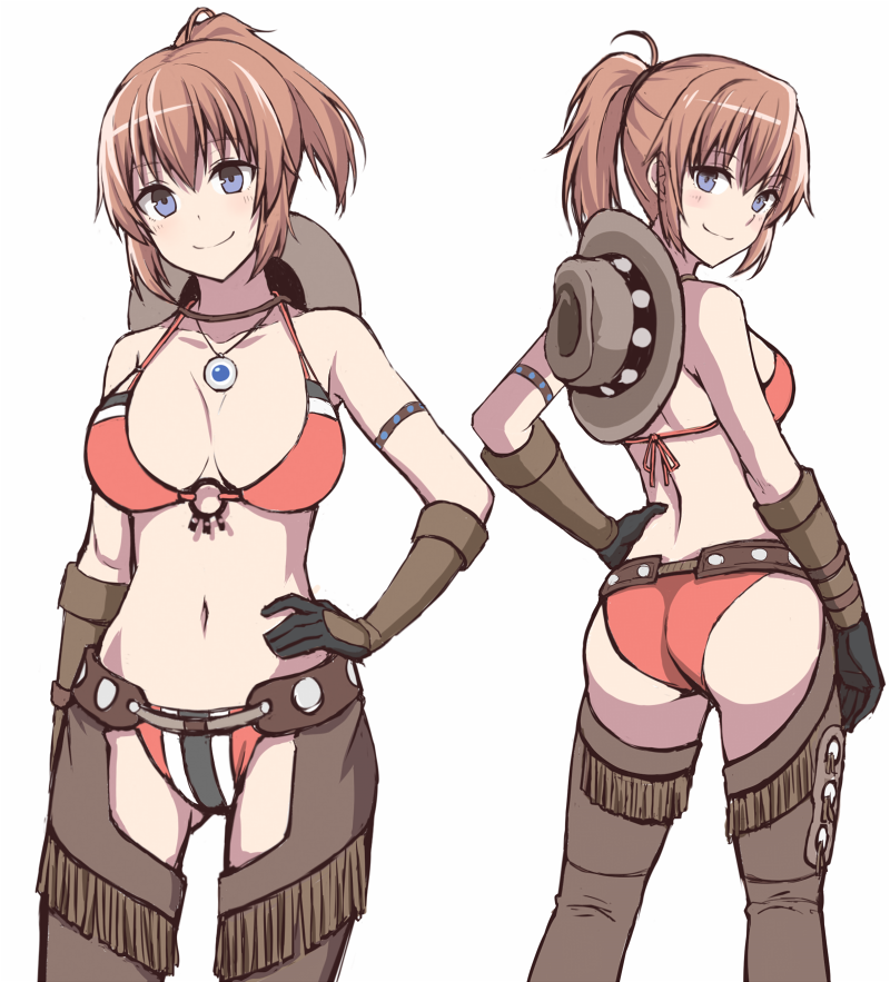 1girl ass bikini blue_eyes blush breasts brown_gloves brown_hair charlotte_e_yeager closed_mouth collarbone cowboy_hat elbow_gloves gloves hand_on_hip hat jewelry large_breasts looking_at_viewer looking_back momiji7728 multiple_views navel necklace pants ponytail red_bikini shiny shiny_hair simple_background smile strike_witches swimsuit swimwear white_background world_witches_series
