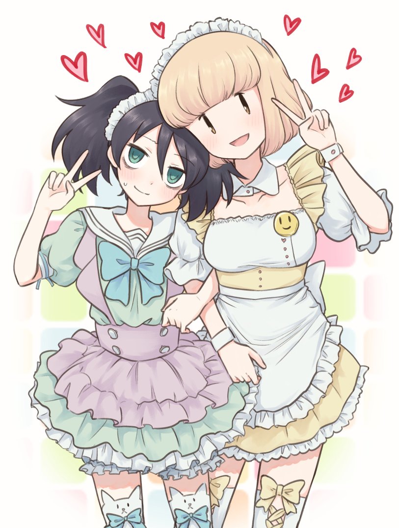 2girls :d =d animal_band_legwear badge bangs black_hair blue_bow blue_neckwear blunt_bangs blush bow bow_legwear bowtie breasts cat_band_legwear commentary detached_collar eyebrows_visible_through_hair frills green_eyes head_tilt heart kuroki_tomoko locked_arms looking_at_viewer maid maid_headdress meis_(terameisu) multiple_girls open_mouth puffy_short_sleeves puffy_sleeves short_hair short_sleeves simple_background smile smiley_face thigh-highs twintails uchi_emiri v watashi_ga_motenai_no_wa_dou_kangaetemo_omaera_ga_warui! white_legwear wrist_cuffs yellow_bow |_|