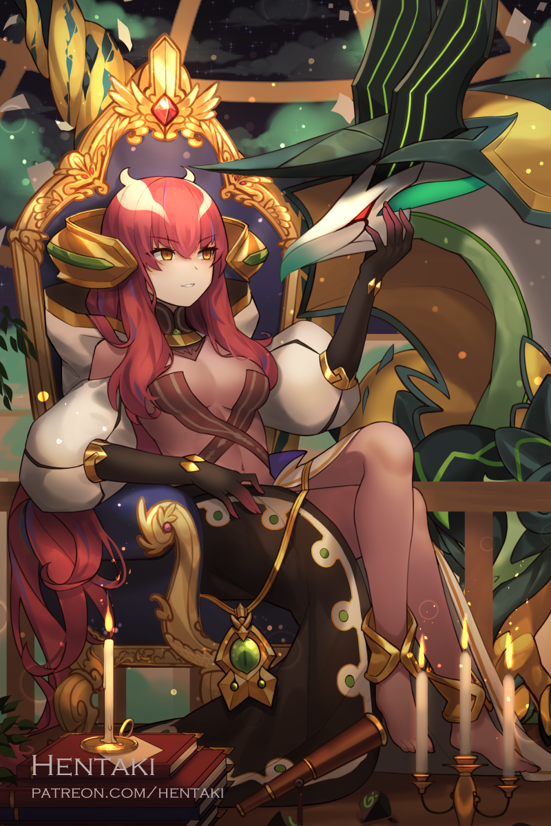 1girl akasha_(dragalia_lost) bodysuit candle dragalia_lost dragon gloves hastur_(dragalia_lost) headgear hentaki highres holding jewelry long_hair multicolored_hair nintendo parted_lips see-through smile solo throne very_long_hair yellow_eyes