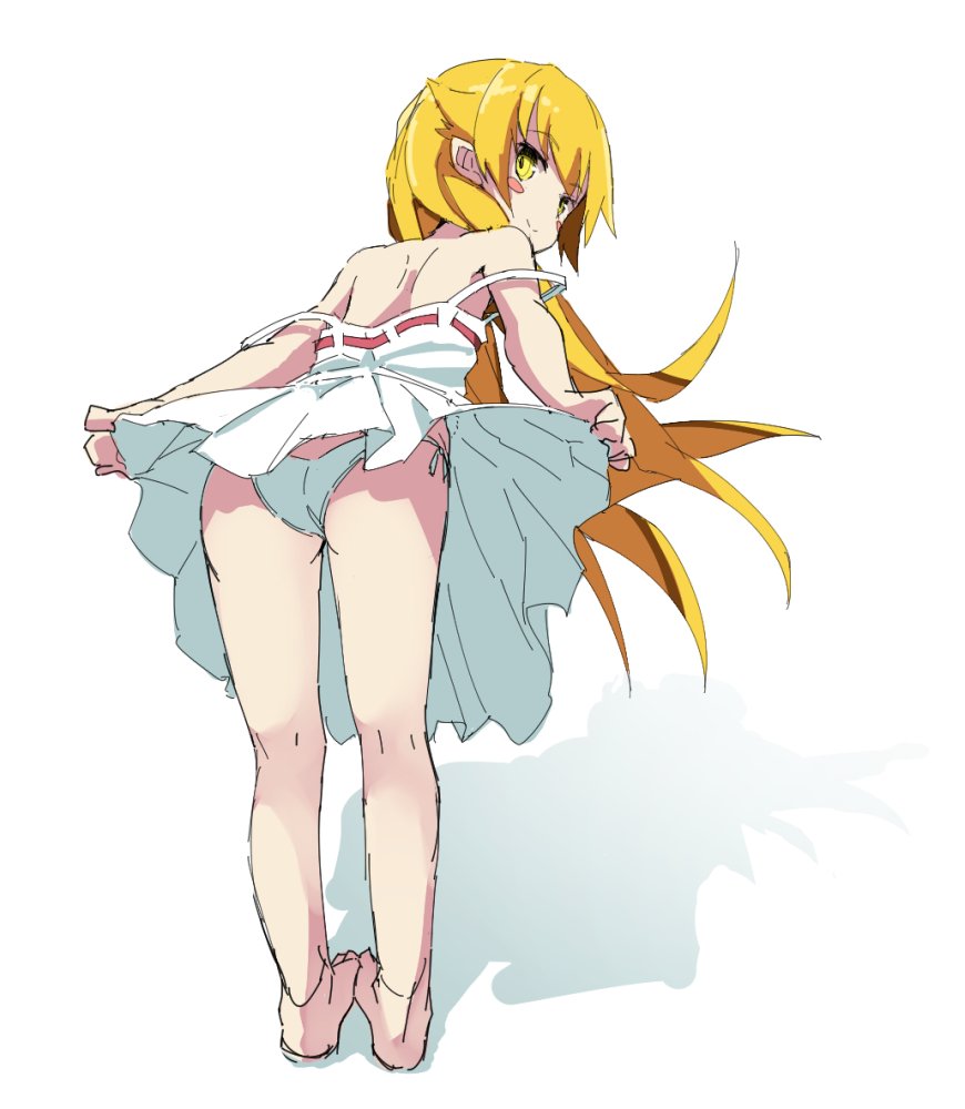 1girl barefoot blonde_hair blush_stickers closed_mouth dress eyebrows_visible_through_hair from_behind long_hair looking_at_viewer looking_back monogatari_(series) noa_(nagareboshi) off_shoulder oshino_shinobu panties shadow simple_background sketch smile solo standing underwear white_background white_dress white_panties yellow_eyes