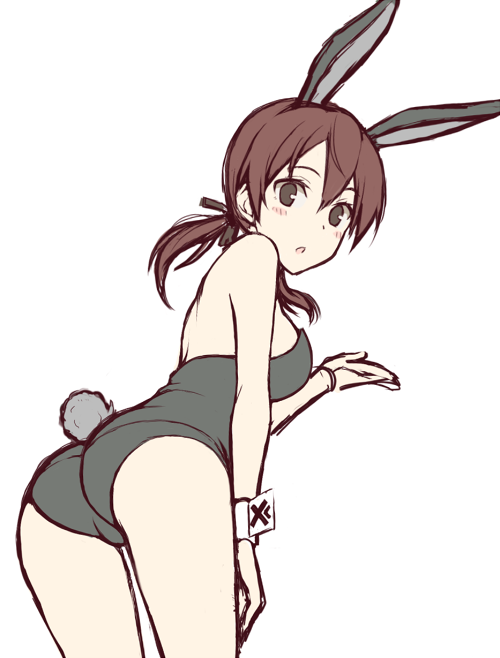 1girl animal_ears ass bare_shoulders bent_over black_leotard blush breasts brown_eyes brown_hair bunny_tail bunnysuit fake_animal_ears fake_tail gertrud_barkhorn hair_ornament hair_ribbon large_breasts leotard looking_at_viewer looking_back momiji7728 open_mouth rabbit_ears ribbon short_hair short_twintails simple_background solo strike_witches tail twintails white_background world_witches_series