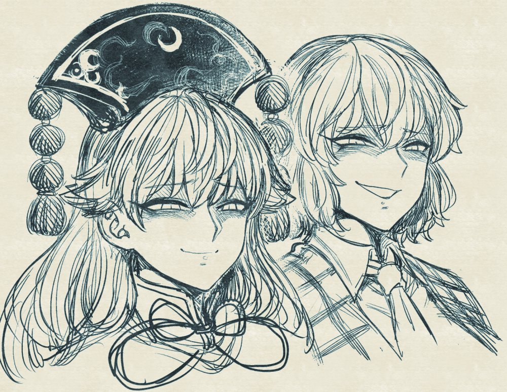 2girls bangs commentary_request eyebrows_visible_through_hair greyscale grin junko_(touhou) kazami_yuuka long_hair looking_to_the_side monochrome multiple_girls necktie portrait short_hair smile space_jin touhou