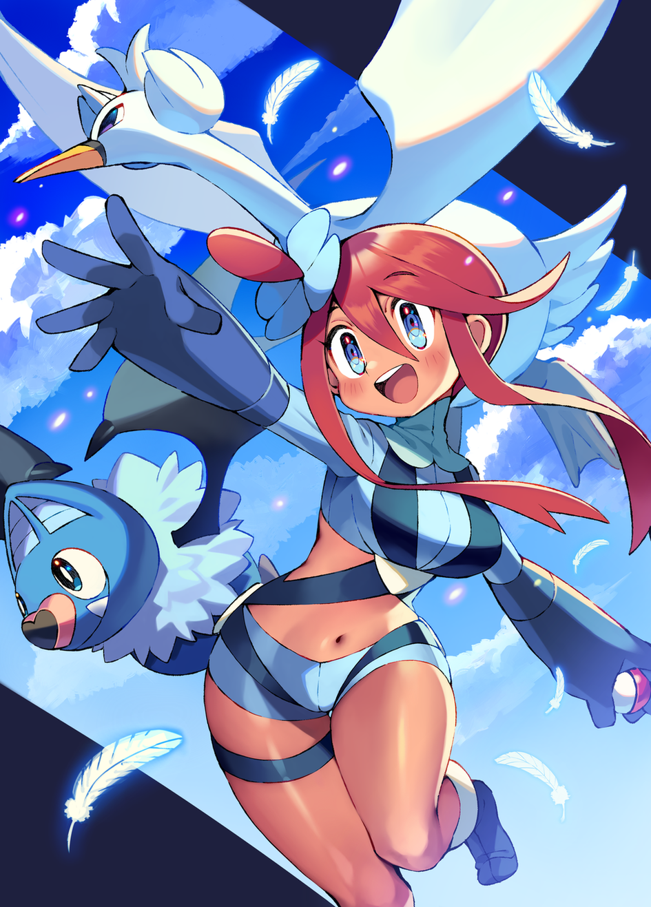 1girl bangs bird blue_eyes blue_footwear blue_gloves blush boots breasts clouds crop_top dark_skin eyebrows_visible_through_hair feathers fuuro_(pokemon) gen_5_pokemon gloves gym_leader hair_between_eyes hair_ornament highres holding holding_poke_ball iroyopon medium_breasts midriff navel one_side_up open_mouth poke_ball pokemon pokemon_(creature) pokemon_(game) pokemon_bw redhead sidelocks sky swanna swoobat thigh_strap