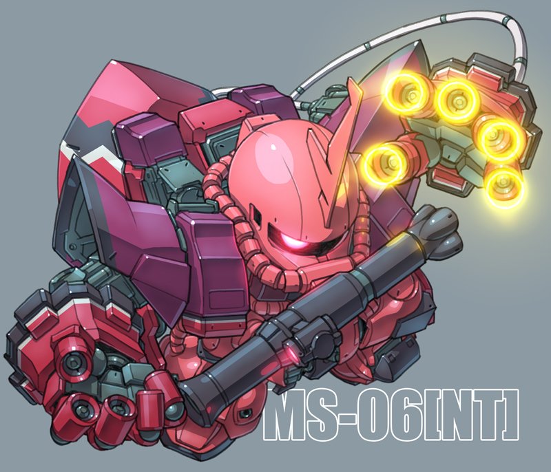 bazooka_(gundam) chibi commentary_request extra_arms finger_cannon from_above full_body glowing glowing_eye grey_background gundam horn no_humans one-eyed pink_eyes simple_background susagane zaku_ii