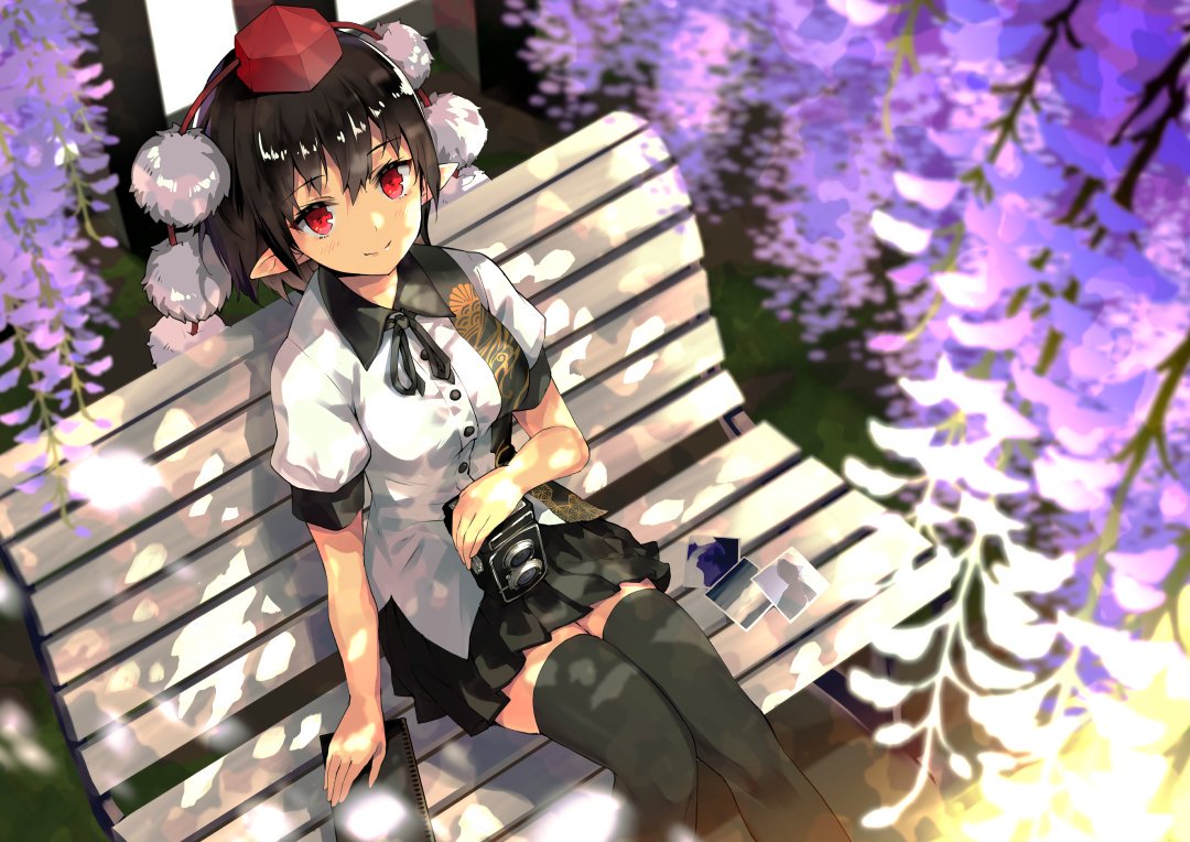 1girl arm_support bangs bench black_hair black_legwear black_neckwear black_ribbon black_skirt breasts camera commentary_request eyebrows_visible_through_hair feet_out_of_frame flower hair_between_eyes hat looking_at_viewer medium_breasts miniskirt neck_ribbon notebook nuqura outdoors pleated_skirt pom_pom_(clothes) puffy_short_sleeves puffy_sleeves purple_flower red_eyes ribbon shameimaru_aya shirt short_hair short_sleeves sitting skirt smile solo thigh-highs thighs tokin_hat touhou white_shirt zettai_ryouiki