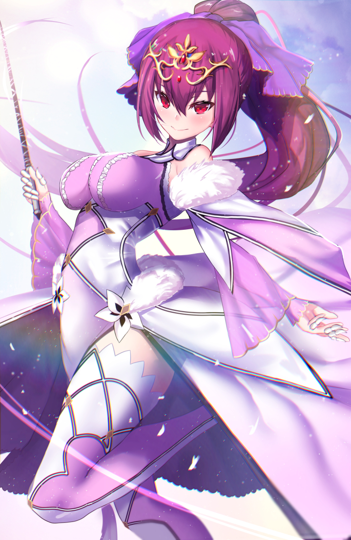 1girl bangs bare_shoulders blush breasts dress fate/grand_order fate_(series) fur-trimmed_dress hair_between_eyes hair_ribbon headpiece holding holding_wand large_breasts long_hair looking_at_viewer ponytail purple_dress purple_hair purple_legwear purple_ribbon red_eyes ribbon scathach_(fate)_(all) scathach_skadi_(fate/grand_order) smile solo thigh-highs thighs tiara untsue wand