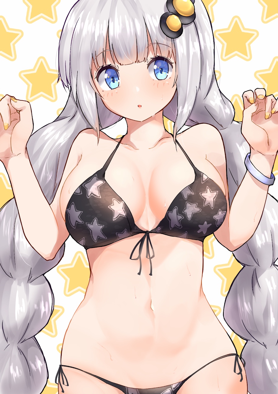 1girl :o bangs bikini black_bikini blue_eyes blush braid breasts collarbone commentary_request eyebrows_visible_through_hair fingernails front-tie_bikini front-tie_top hair_ornament hands_up highres kizuna_akari large_breasts long_hair looking_at_viewer nail_polish navel orange_nails parted_lips print_bikini side-tie_bikini silver_hair skindentation solo star star_print starry_background sweat swimsuit twin_braids twintails upper_body very_long_hair voiceroid white_background yusake_san