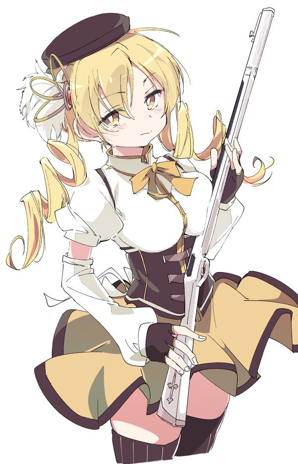 1girl beret blonde_hair blush breasts brown_headwear closed_mouth corset drill_hair eyebrows_visible_through_hair gun hair_ornament hat ixy large_breasts looking_at_viewer magical_girl magical_musket mahou_shoujo_madoka_magica musket ribbon simple_background skirt solo striped striped_legwear thigh-highs tomoe_mami twin_drills vertical-striped_legwear vertical_stripes weapon white_background yellow_eyes yellow_neckwear yellow_ribbon yellow_skirt zettai_ryouiki