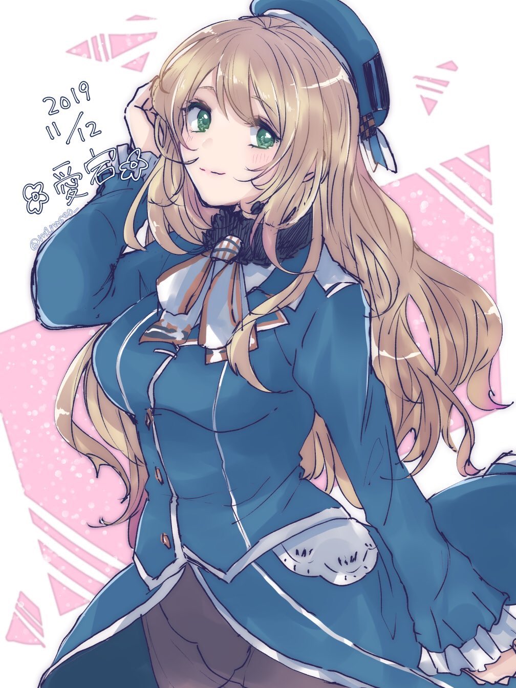 1girl ascot atago_(kantai_collection) beret black_skirt blonde_hair blue_headwear breasts character_name cowboy_shot dated frilled_sleeves frills green_eyes hat highres kantai_collection large_breasts long_hair looking_at_viewer military military_uniform nun_(eri) skirt smile solo two-tone_background uniform white_background white_neckwear