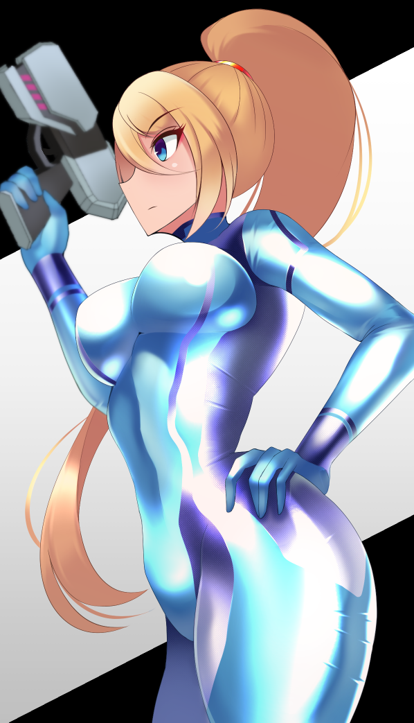 1girl blonde_hair blue_bodysuit blurry blurry_background bodysuit breasts closed_mouth commentary_request cowboy_shot english_commentary eyebrows_visible_through_hair from_side gun hair_ribbon hand_on_hip holding holding_gun holding_weapon impossible_bodysuit impossible_clothes light_frown long_hair medium_breasts metroid paralyzer ponytail ribbon samus_aran skin_tight solo standing thighs volyz weapon zero_suit