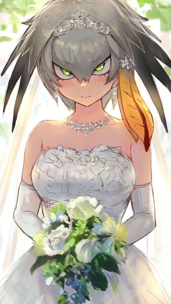 1girl alternate_costume bangs bare_shoulders blush bouquet bride diadem dress earrings elbow_gloves eyebrows_visible_through_hair flower gloves green_eyes grey_hair guchico hair_between_eyes head_wings holding holding_bouquet jewelry kemono_friends looking_at_viewer multicolored_hair necklace orange_hair shoebill_(kemono_friends) short_hair single_sidelock sketch solo strapless strapless_dress two-tone_hair upper_body wavy_mouth wedding_dress white_gloves