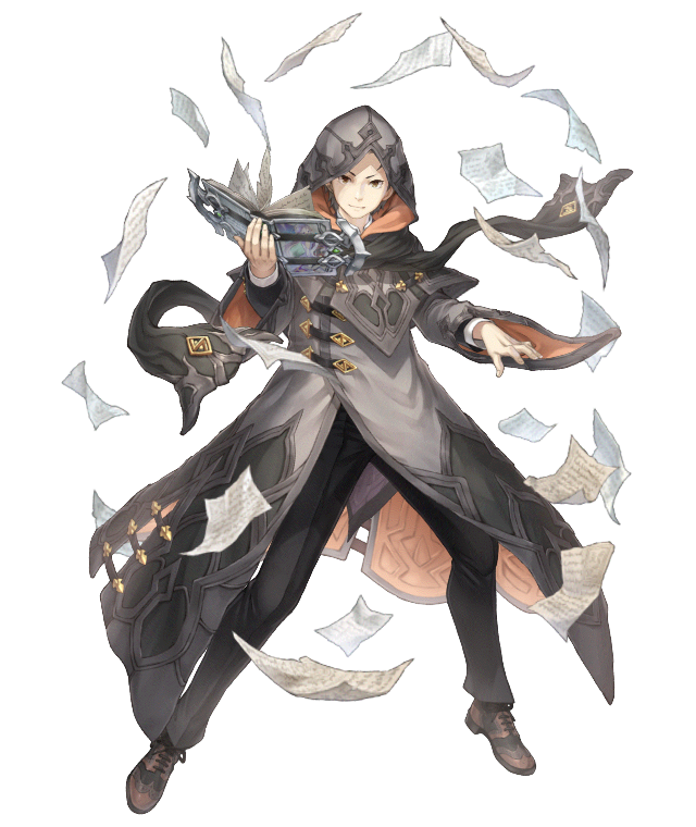 1boy book brown_eyes brown_hair cloak crossover full_body hood hood_up hooded_cloak ji_no loafers natsuki_subaru official_art pages re:zero_kara_hajimeru_isekai_seikatsu shoes sinoalice smile solo transparent_background wide_sleeves