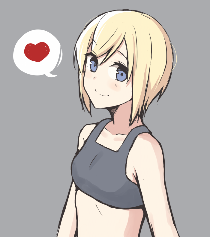 1girl bare_shoulders blonde_hair blue_eyes blush breasts closed_mouth collarbone erica_hartmann eyebrows_visible_through_hair grey_background grey_tank_top heart looking_to_the_side momiji7728 shiny shiny_hair short_hair simple_background small_breasts smile solo speech_bubble strike_witches tank_top upper_body world_witches_series