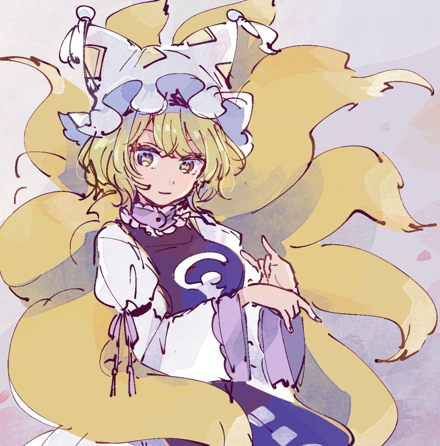 1girl animal_ears bangs blonde_hair breasts dress feet_out_of_frame fox_tail hands hat long_sleeves looking_at_viewer multiple_tails short_hair sign_of_the_horns simple_background sleeves_past_elbows smile solo standing tabard tail touhou traditional_media watercolor_(medium) wide_sleeves yakumo_ran yellow_eyes