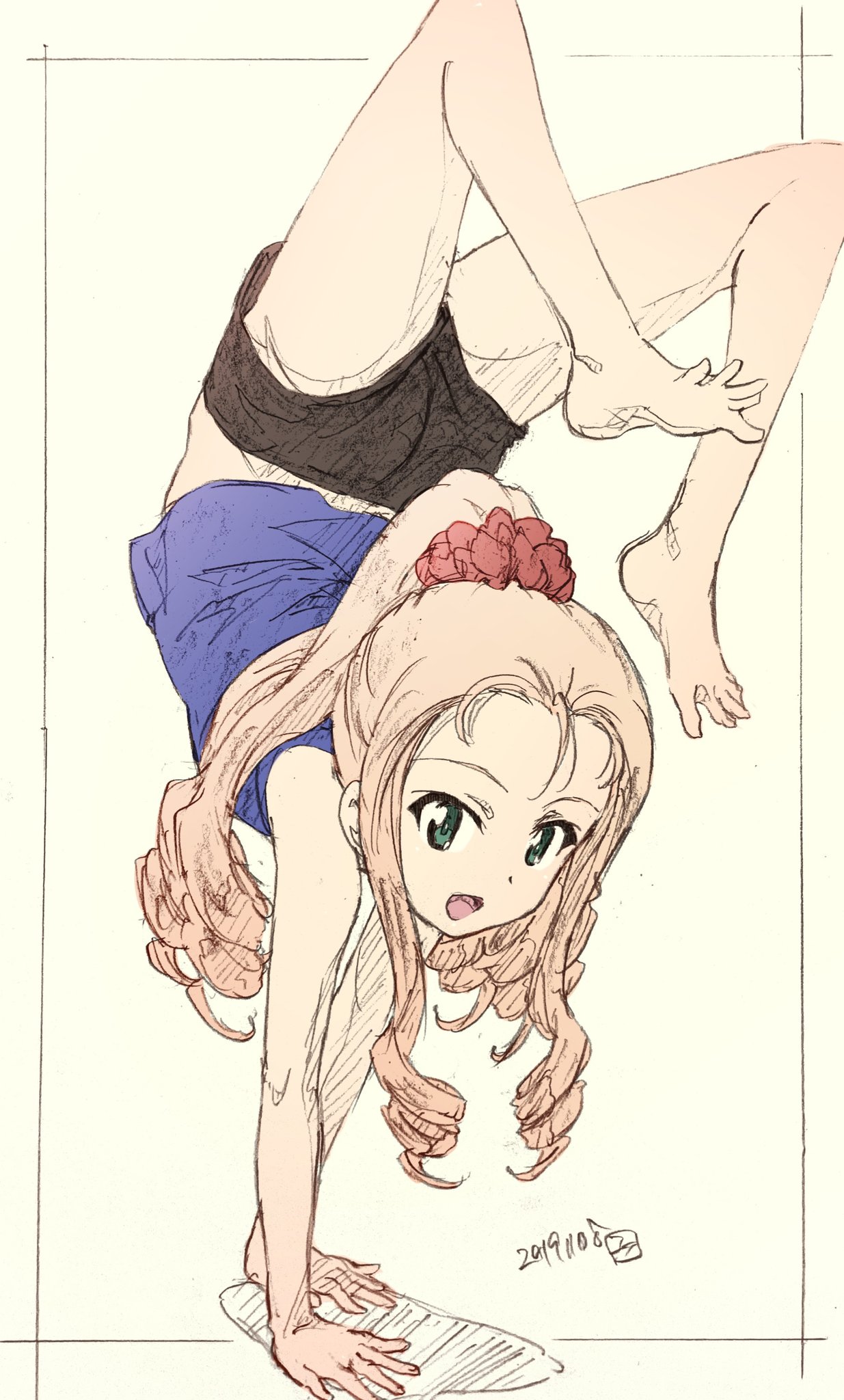 1girl ass barefoot black_shorts blonde_hair curly_hair feet flexible forehead girls_und_panzer green_eyes handstand highres legs legs_up long_hair marie_(girls_und_panzer) open_mouth ponytail purple_tank_top scrunchie short_shorts shorts simple_background sketch smile solo tank_top toes upside-down white_background