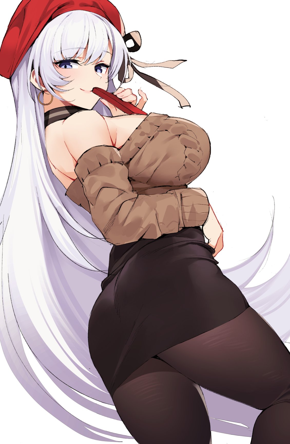 1girl aran_sweater ass azur_lane bangs belfast_(azur_lane) belfast_(shopping_with_the_head_maid)_(azur_lane) beret black_skirt blush breasts brown_legwear brown_sweater choker closed_mouth earrings hat highres hoop_earrings jewelry large_breasts long_hair long_sleeves looking_at_viewer ndgd off-shoulder_sweater off_shoulder pantyhose pencil_skirt red_headwear silver_hair simple_background skirt smile solo sweater swept_bangs thighs white_background