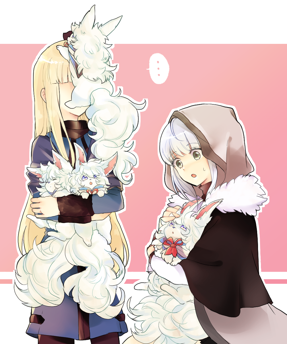 ... 2girls ahoge animal animal_on_face beret blonde_hair capelet clone commentary_request ears fate/grand_order fate_(series) fou_(fate/grand_order) fur_trim gray_(lord_el-melloi_ii) green_eyes hat highres hood hood_up lord_el-melloi_ii_case_files multiple_girls pantyhose reines_el-melloi_archisorte revision shawl silver_hair spoken_ellipsis suyo sweatdrop tail tilted_headwear
