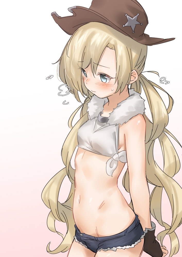 1girl arms_behind_back bangs bare_shoulders black_shorts blue_eyes blush breasts brown_gloves brown_headwear colt_m1873_(girls_frontline) cowboy_hat cowboy_shot crop_top eyebrows_visible_through_hair fingerless_gloves fur_trim girls_frontline gloves gradient gradient_background hat looking_away looking_down low_twintails mohe_(ichi170) navel redhead short_shorts shorts small_breasts solo star stomach striped sweat twintails vertical_stripes