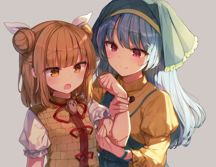 2girls :d apron aqua_apron armor armored_dress bangs blonde_hair blue_hair blush brown_eyes clenched_hand double_bun dress eyebrows_visible_through_hair frilled_sleeves frills grey_background hair_ribbon hand_up haniwa_(statue) haniyasushin_keiki head_scarf jewelry joutouguu_mayumi juliet_sleeves long_hair long_sleeves multiple_girls necklace open_mouth puffy_sleeves red_eyes ribbon shinoba shirt short_hair sidelocks smile touhou upper_body white_ribbon white_shirt wide_sleeves yellow_dress