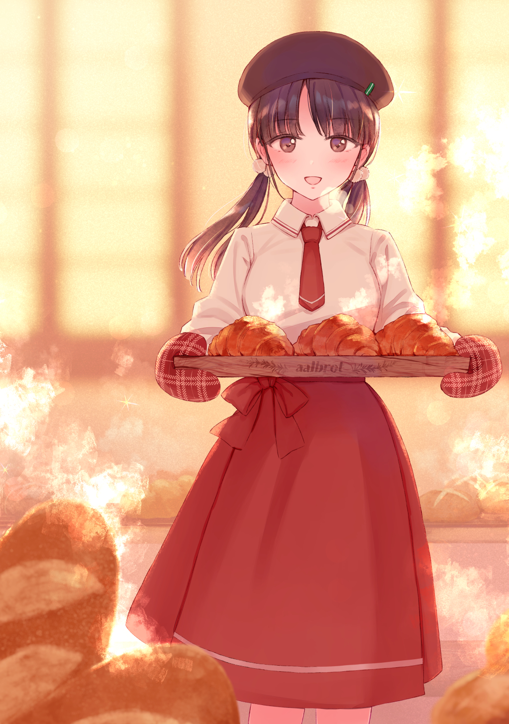 1girl :d baguette bakery bangs blush bread brown_eyes brown_hair croissant food hair_bobbles hair_ornament hat highres holding holding_tray indoors long_sleeves looking_at_viewer low_twintails nagidango open_mouth original oven_mitts parted_bangs red_neckwear red_skirt shirt shop skirt smile standing steam tray twintails white_shirt