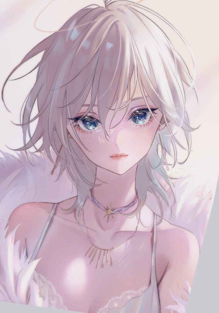 1girl anastasia_(idolmaster) blue_eyes collarbone commentary_request dress earrings eyelashes fur-trimmed_dress hair_between_eyes idolmaster idolmaster_cinderella_girls jewelry magako necklace short_hair silver_hair solo upper_body white_dress