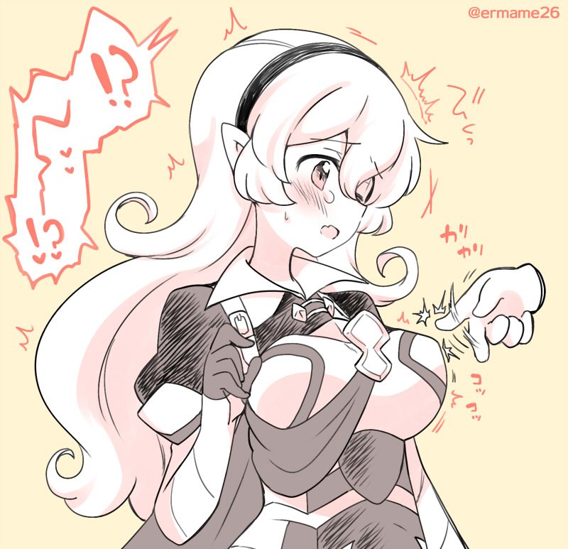 1girl armor cape corrin_(fire_emblem) corrin_(fire_emblem)_(female) eromame fire_emblem fire_emblem_fates hairband long_hair monochrome open_mouth pointy_ears simple_background solo_focus tearing_up twitter_username upper_body