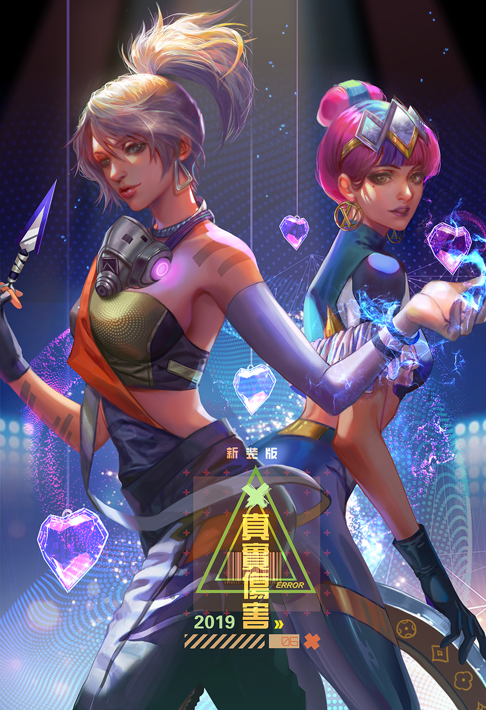 2girls akali alternate_costume arm_tattoo back-to-back bracelet breasts commentary detached_sleeves earrings english_commentary green_eyes hair_bun hairband heart high_ponytail highres hologram hoop_earrings jewelry kunai lavender_hair league_of_legends lips lipstick looking_at_viewer makeup mascara medium_breasts mole mole_under_eye multicolored_hair multiple_girls nose pants pink_hair purple_hair purple_lipstick qiyana_(league_of_legends) shoulder_tattoo skin_tight strapless tattoo tiara tight tight_pants true_damage_(league_of_legends) true_damage_akali true_damage_qiyana tubetop weapon yang_fan
