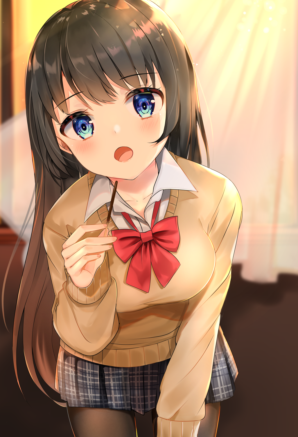 1girl :o bangs black_hair blue_eyes blurry blurry_background blush bow breasts brown_hair brown_legwear brown_sweater collarbone collared_shirt commentary_request curtains depth_of_field dress_shirt eyebrows_visible_through_hair fingernails food gradient_hair grey_skirt highres holding holding_food indoors katsushika_pachi long_sleeves looking_at_viewer medium_breasts multicolored_hair open_mouth original pantyhose pleated_skirt pocky red_bow shirt skirt sleeves_past_wrists solo sweater white_shirt