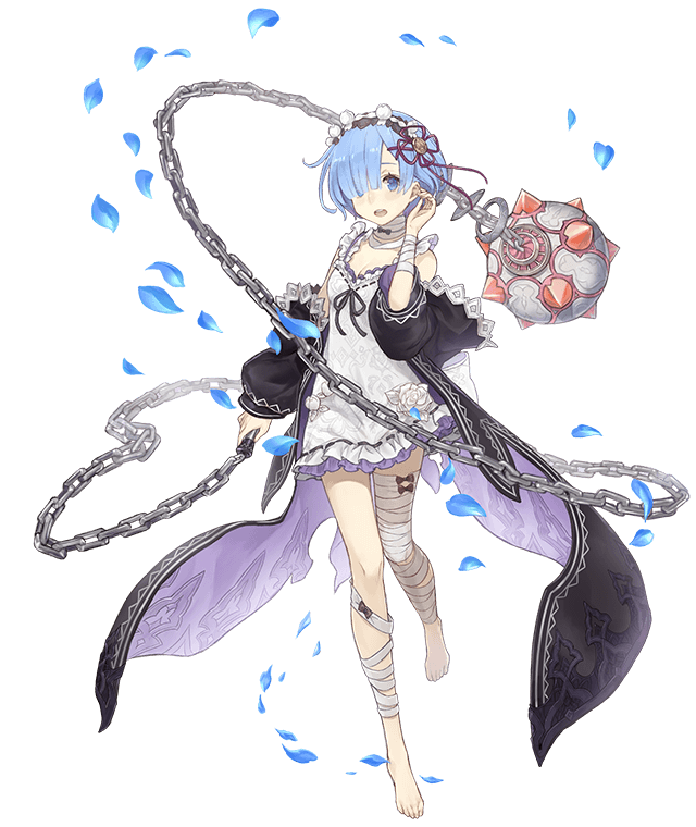 1girl :d bandages bare_shoulders barefoot blue_eyes blue_hair chain crossover dress flail full_body hair_over_one_eye hairband ji_no looking_at_viewer off_shoulder official_art open_mouth petals re:zero_kara_hajimeru_isekai_seikatsu rem_(re:zero) sinoalice smile solo transparent_background upper_teeth weapon white_dress
