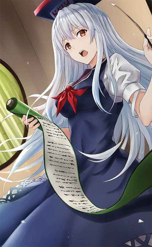 1girl bamboo bangs baton blue_dress blue_headwear breasts covered_navel cowboy_shot dress dutch_angle eyebrows_visible_through_hair hair_between_eyes hands_up holding holding_scroll indoors kamishirasawa_keine long_hair looking_at_viewer medium_breasts nabeshima_tetsuhiro open_mouth pinafore_dress puffy_short_sleeves puffy_sleeves red_eyes scroll shirt short_sleeves silver_hair solo touhou touhou_cannonball white_shirt window